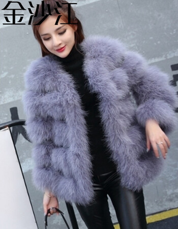 金沙江2017冬季鸵鸟毛皮草外套女中长款长袖加厚皮草大衣 紫灰色 s