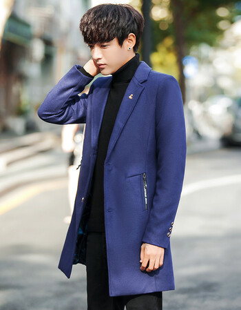 梦迪蔻 韩版毛呢大衣男修身中长款呢子大衣风衣外套潮 蓝色 l