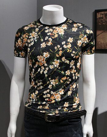 男士碎花短袖t恤衫韩版满身花色半袖潮流夏季修身印花打底衫t恤男