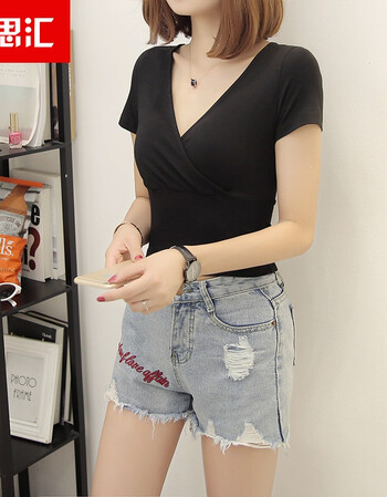 潮思汇 深v露脐短袖白色t恤女打底衫韩版纯色纯棉短款高腰漏肚脐上衣
