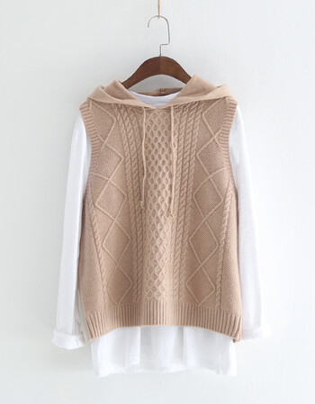 连帽针织小背心春季新品女装纯色麻花学院风套头马甲上衣 卡其色 均码