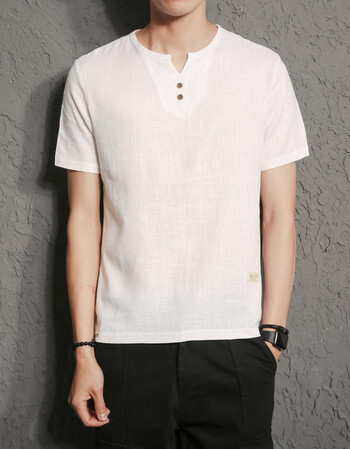 民族风亚麻短袖男士短袖t恤男潮流圆领韩版修身打底衫上衣服 白色 l