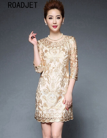 婚礼的衣服女连衣裙婚礼妈妈秋装大码中年高贵丈母娘婚宴礼服 金色