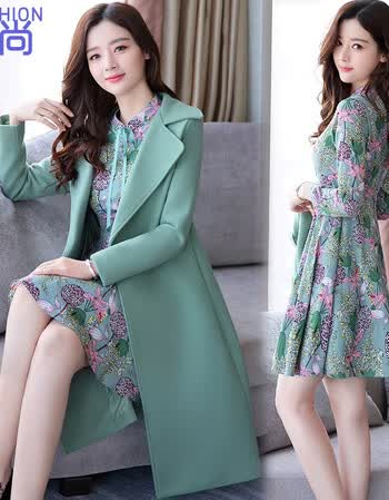 春装连衣裙女2018新款套装裙时髦套装韩版气质修身毛呢外套两件套