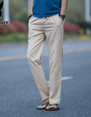 公子春裤男裤子韩版潮流2018新款休闲裤男士修身宽松棉麻长裤 米色