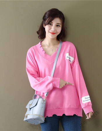 2018秋打底衫上衣韩版v领宽松大码长袖t恤女 粉色 大码均码