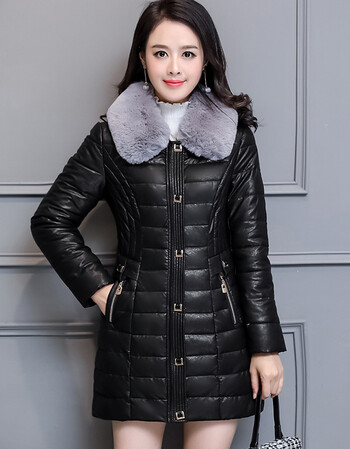 冬季新款韩版大码毛领pu皮棉衣女中长款修身棉袄防寒棉服外套 黑色 l