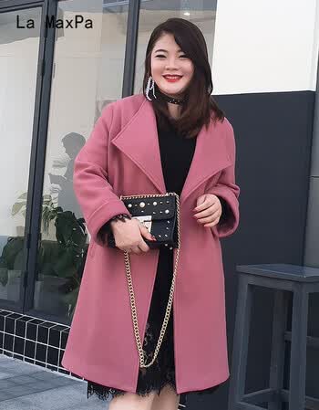 maxpa冬装新款胖mm中长款羊绒大衣 时尚翻领毛呢外套女200斤大码女装