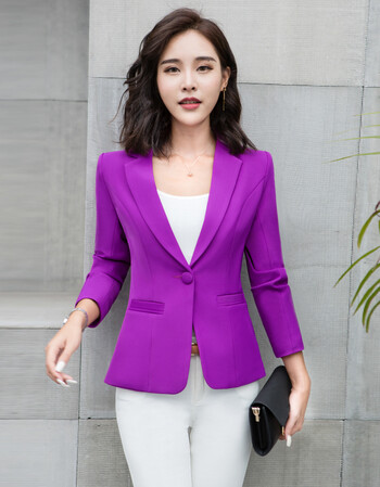 小西装女外套修身短款职业正装女装长袖上衣黑色西服 紫色西装外套 s