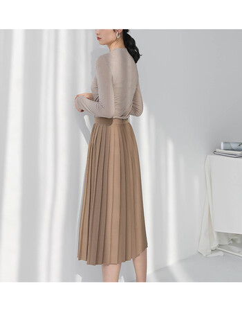 2018春装新款韩国chic搭纯色褶半身裙中长款裙 卡其色 s