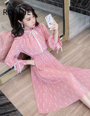 roadjet2018新款女装春装时尚气质雪纺印花连衣裙夏粉色喇叭袖裙子中
