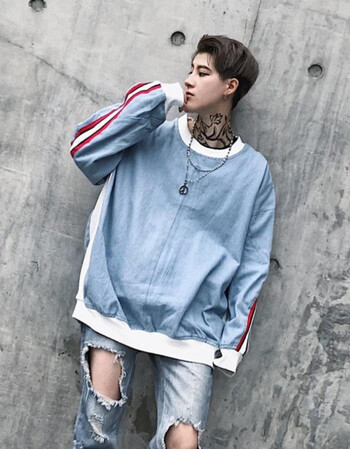 欧美街头潮牌嘻哈bf风hiphop外套男潮流宽松圆领套头牛仔拼色卫衣 浅