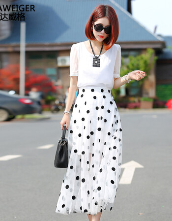 达威格 两件套少女装连衣裙2016夏装新款短袖宽松上衣 波点修身褶皱大