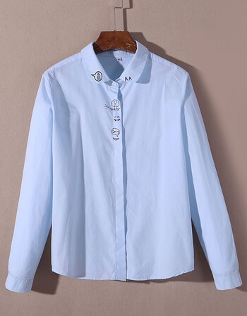 白衬衫女春季新款小方领长袖短款打底衫纯棉卡通印花衬衣女装 蓝色 m