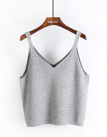韩版弹力修身v领纯色针织背心马甲打底衫女款无袖短款高腰吊带衫 灰色