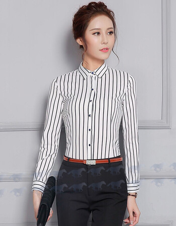 条纹工作服衬衣女长袖韩范商务修身显瘦职业衬衫正装打底衫秋 yf 条纹