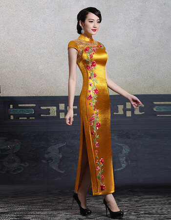 夏尔维纳旗袍改良长款优雅修身复古绣花亮光绒宴会演出