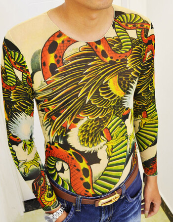 c2潮朝 2015浮世绘莲花纹身出淤泥而不染狮王花臂半胛长袖t恤 高品质