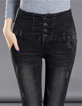 派尼美特 2018春季新款纯黑色牛仔裤女高腰小脚裤弹力紧身韩版铅笔