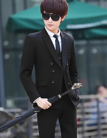 西装套装男婚礼修身夏季男士礼服正装2017新款休闲新郎小西服 黑色 m