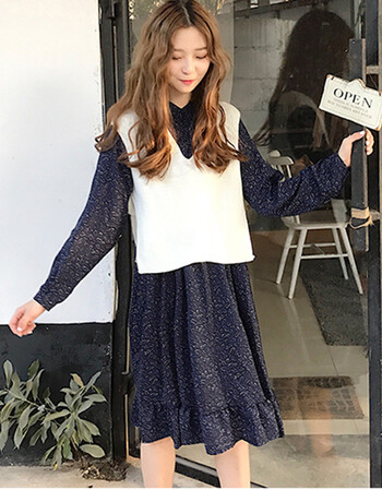 潮流早春新款女装韩版宽松中长款雪纺碎花裙淑女范气质荷叶边连衣裙女