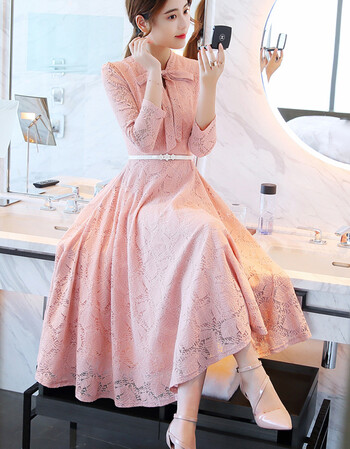 蕾丝连衣裙春秋新款长袖修身显瘦收腰中长款裙子时尚气质长裙 粉色 m
