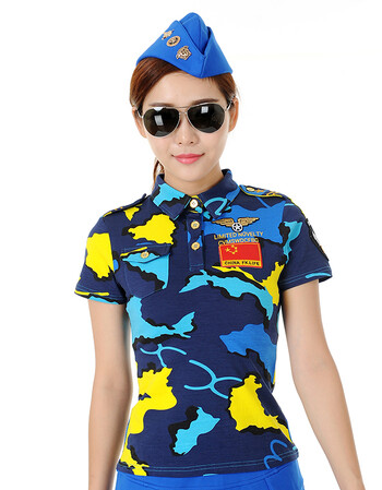 夏尔维纳夏季新款水兵舞蓝迷彩服t恤女翻领短袖广场舞演出服套装上衣