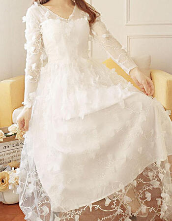 仙女裙公主裙度假长袖连衣裙蕾丝裙雪纺裙文艺立体花朵大摆裙子 白色