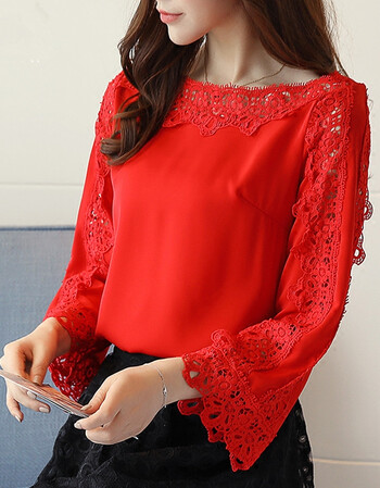 一字领喇叭袖长袖蕾丝衫大红色上衣白色小衫韩版衬衫女秋装雪纺衫v