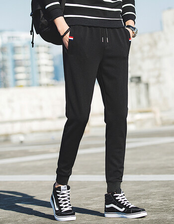 小脚加绒运动裤修身卫裤男士休闲裤冬季韩版潮流裤子 黑色(160zk357)