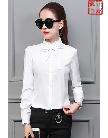 新款蝴蝶结白衬衫女长袖打底衫雪纺衫韩版时尚花边立领衬衣上衣 白色