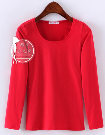 2018早春新款u领t恤女长袖女士春季打底衫修身大领t恤低领打底衫 红色