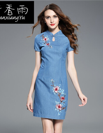 风立领旗袍春夏新款改良牛仔绣花日常修身短旗袍裙中式礼服 浅蓝色