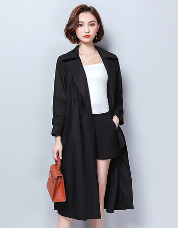 春季新款胖mm大码宽松显瘦中长款风衣翻领系带上衣女纯色薄外套 黑色