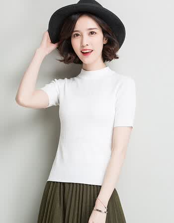 2018春装针织衫女短款紧身白色套头半高领短袖t恤上衣薄款打底衫 白色