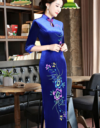 夏尔维纳中国风印花大码长款丝绒旗袍 秋香蓝色 l