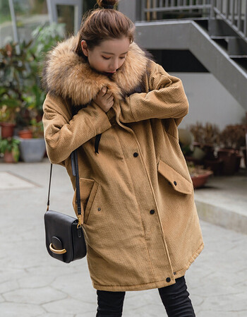 冬季新款灯芯绒大毛领棉衣女中长款棉袄外套宽松加厚面包服棉服潮