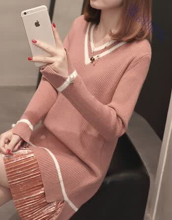韩版春时尚v领套头毛衣袖口开叉中长款针织衫拼接下摆女装新 皮粉色 s