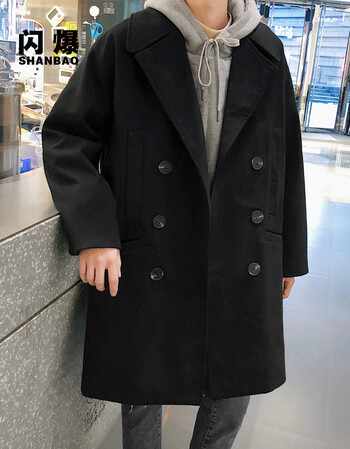 闪爆 加厚毛呢大衣男冬天宽松风衣原宿bf风宽松呢大衣潮流社会精神