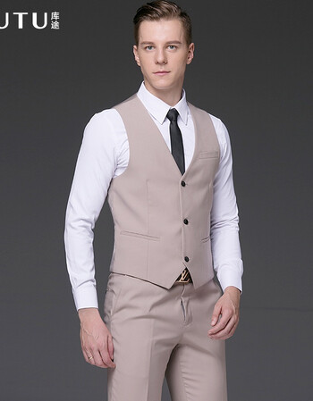 男士西装马甲韩版潮 西服背心新郎坎肩时尚英伦修身男马夹 米色 190