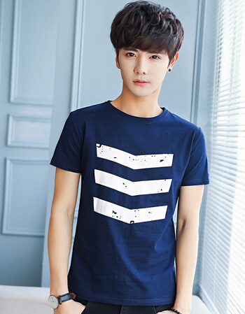 短袖男t恤圆领韩版半袖夏装打底衫男生黑白夏天上衣服 深蓝色 m