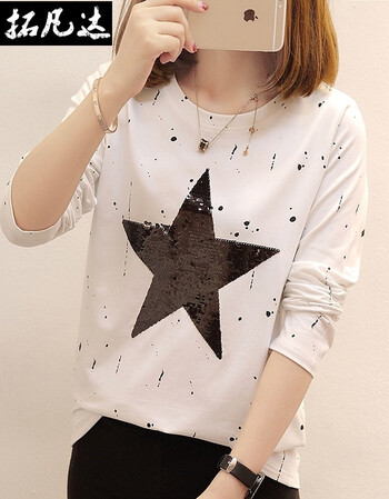 休闲2018秋装新款印花t恤打底衫秋衣服长袖星星t恤秋季上衣女装 白色
