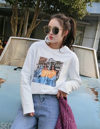 qvd2017新款圆领纯白色黄色衣服美女印花宽松加绒百搭韩版t恤女 图片