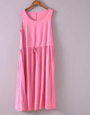 夏装棉麻连衣裙中长款女文艺修身显瘦收腰百搭纯色亚麻背心裙子 粉红