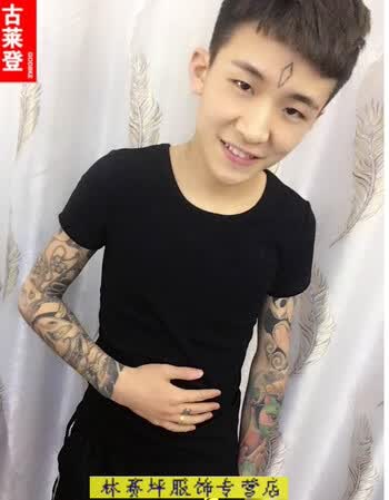 古莱登 快手红人拽男赵逸轩同款纯色短袖男青年光版修身t恤简约圆领