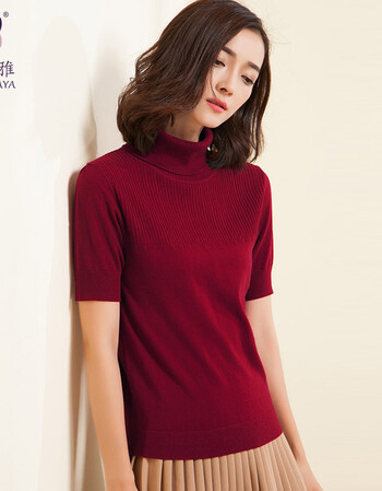 季新款高领短袖针织衫女宽松打底羊毛衫 酒红色 xl