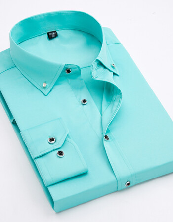春男士纯色衬衣青年修身型长袖商务休闲免烫新郎婚礼服短袖衬衫 青色