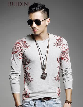 ruidini潮男个性帅气中国风鲤鱼纹印花长袖t恤霸气黑社会小伙夜店打底