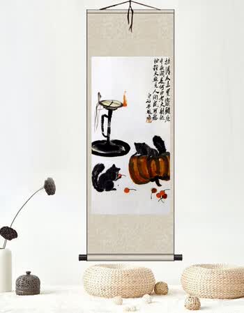uyuk 齐白石名画老鼠偷油儿童房装饰挂轴书画丝绸礼品酒店装饰画 白色