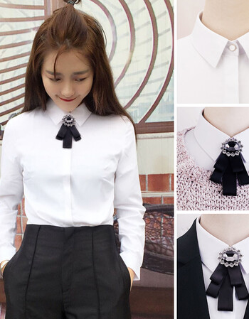 珂梵图韩范新款打底衬衣女长袖职业工作服正装学生蝴蝶领结白衬衫新